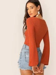 SHEIN Top corto de manga campanuda con cordón delantero fruncido - Naranja Quemada - Ver 2