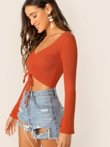 SHEIN Top corto de manga campanuda con cordón delantero fruncido - Naranja Quemada - Ver 3