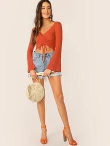 SHEIN Top corto de manga campanuda con cordón delantero fruncido - Naranja Quemada - Ver 5