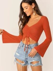 SHEIN Top corto de manga campanuda con cordón delantero fruncido - Naranja Quemada - Ver 1