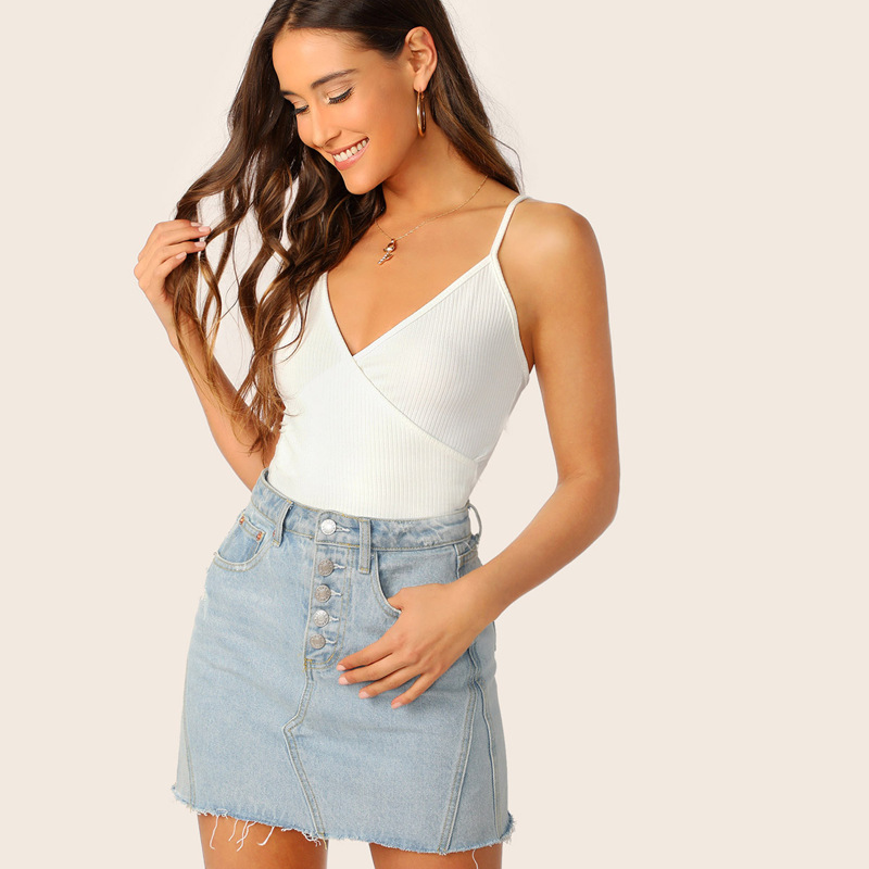 

Surplice Wrap Rib-knit Cami Top, White