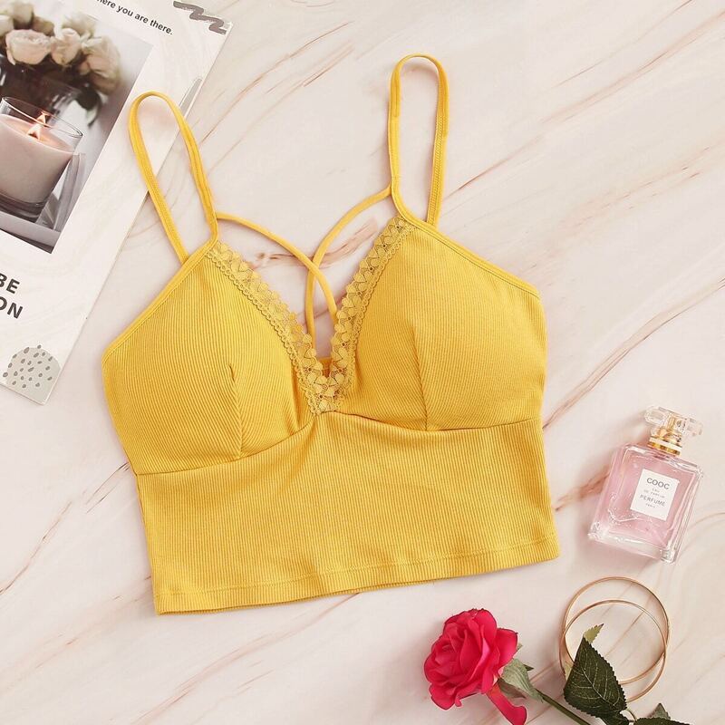 

Lace Trim Harness Bralette, Yellow