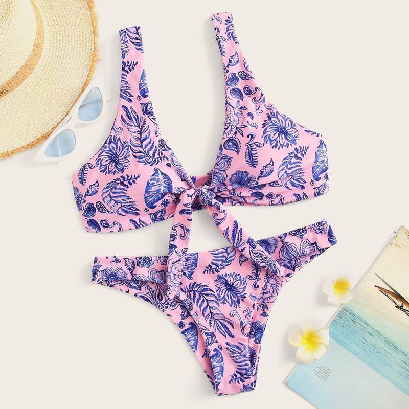 

Random Floral Knot Front Top With Cheeky Bikini Set, Multicolor