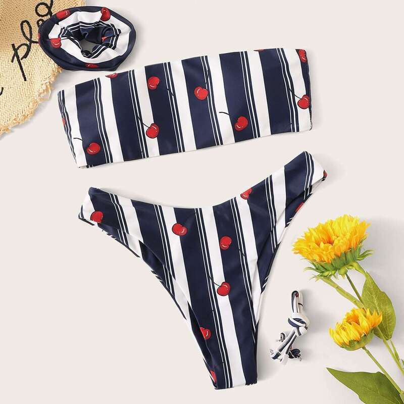 

Striped & Cherry Print Bandeau Bikini Set With Hair Tie, Multicolor