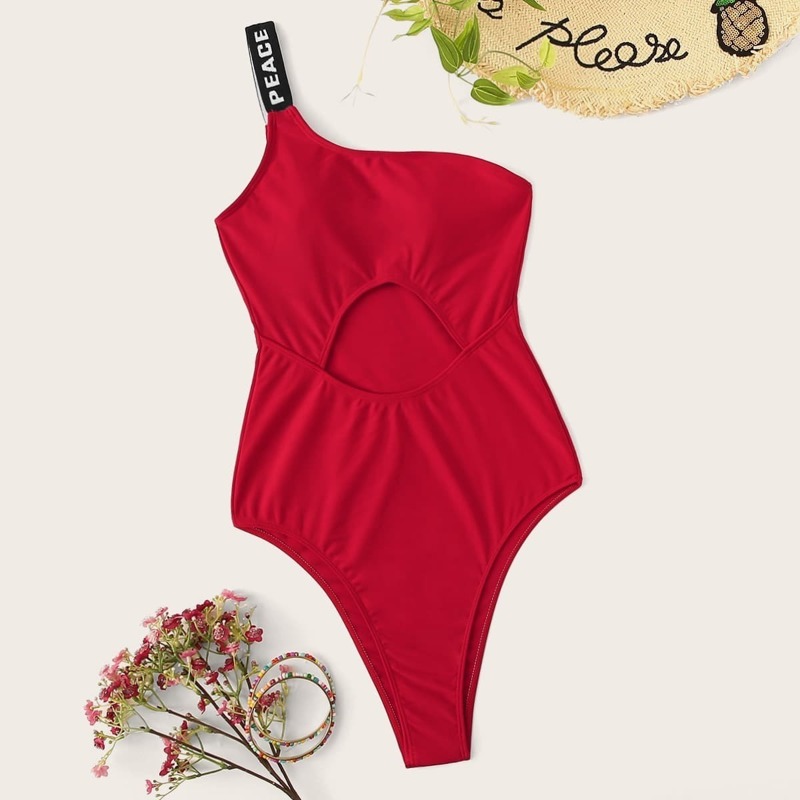 

One Shoulder Cut-out Front One Piece Swimsuit, Red