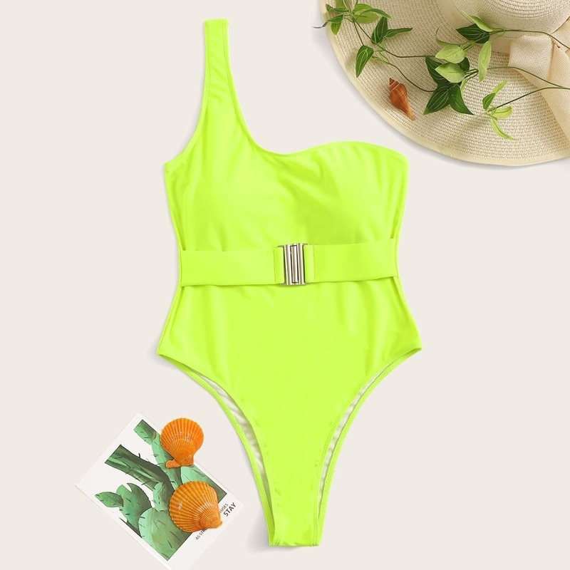 

Neon Lime One Shoulder Buckle One Piece Swimsuit, Green bright