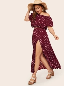 Top de lunares de hombros descubiertos con falda con abertura-grande - Burdeos - Ver 3