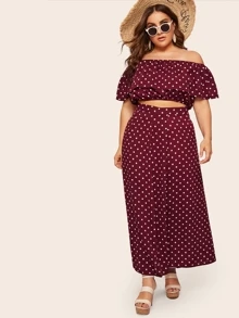 Top de lunares de hombros descubiertos con falda con abertura-grande - Burdeos - Ver 1