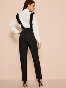 Pantalones con botón con cinturón con tiras fruncido - Negro - Ver 2