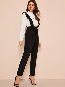 Pantalones con botón con cinturón con tiras fruncido - Negro - Ver 3