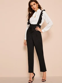 Pantalones con botón con cinturón con tiras fruncido - Negro - Ver 4