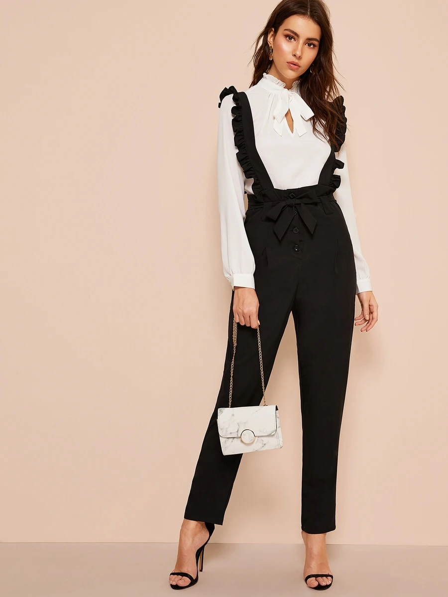 Pantalones con botón con cinturón con tiras fruncido - Negro - Ver 1