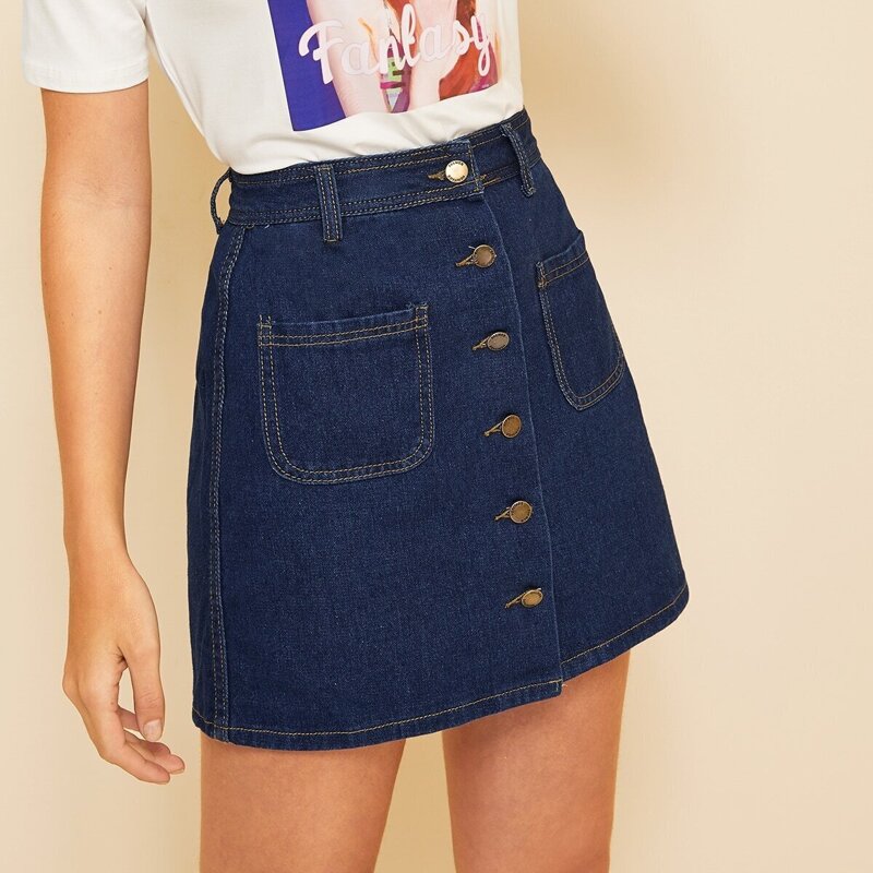 

Stitch Detail Trim Button Front Denim Skirt, Navy