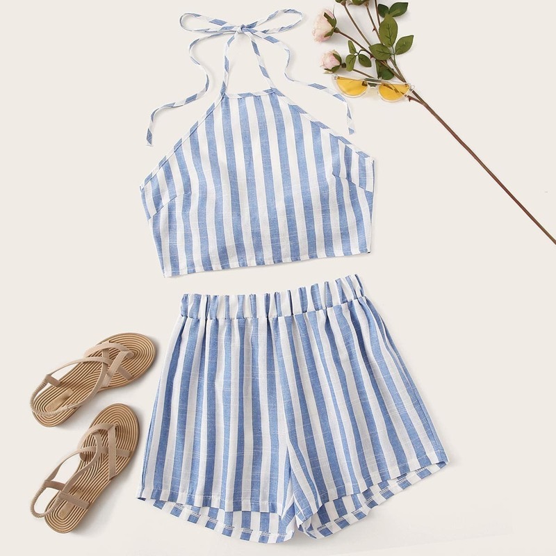 

Striped Tie Back Halter Top With Shorts, Blue