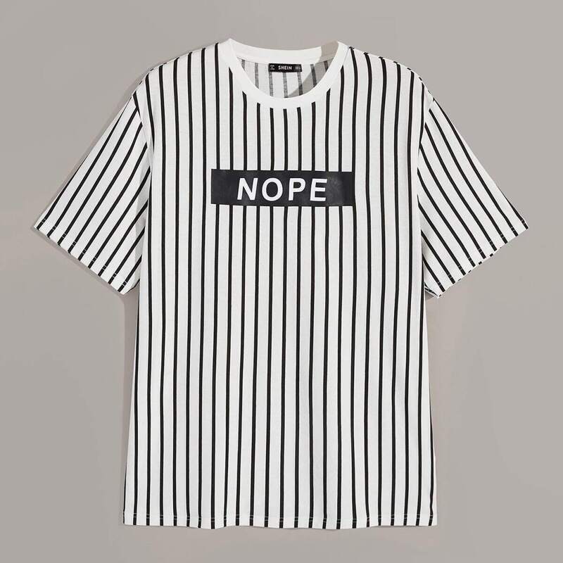 

Guys Letter Print Short Sleeve Striped Tee, Black and white