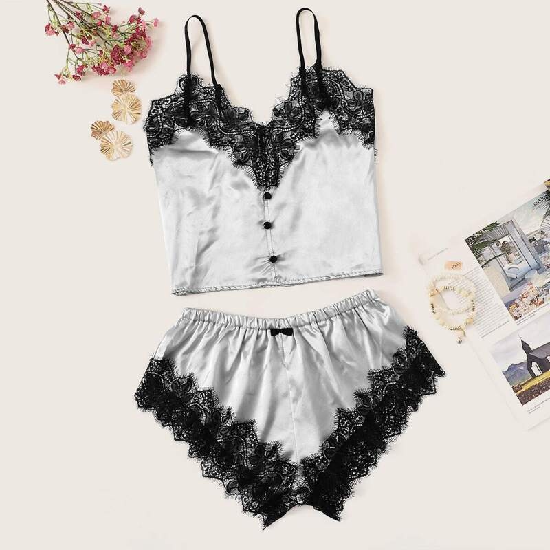 

Button Front Contrast Lace Satin Cami PJ Set, Grey