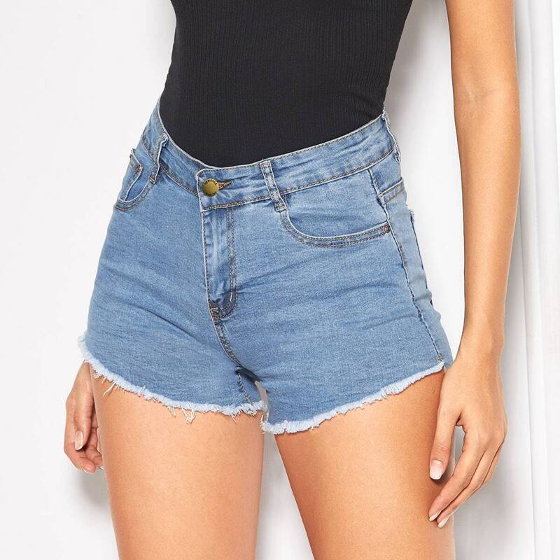 

Light Bleached Dye Stepped Hem Denim Shorts, Blue