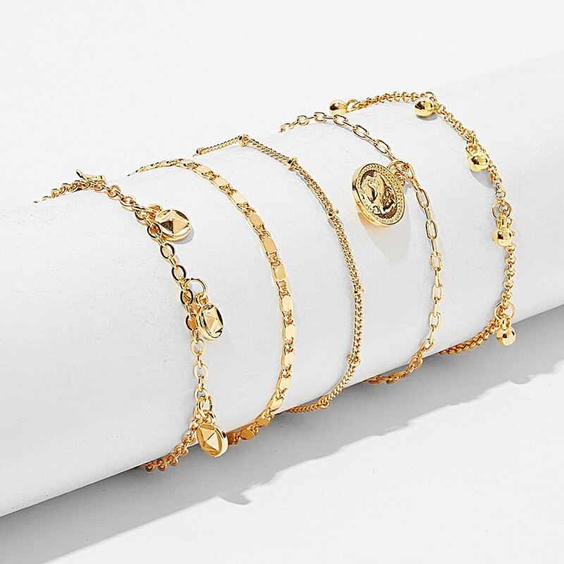 

Coin Charm Chain Bracelet Set 5pcs, Gold