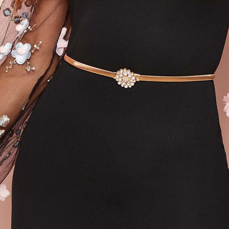 

Rhinestone Decorated Round Buckle Skinny Belt