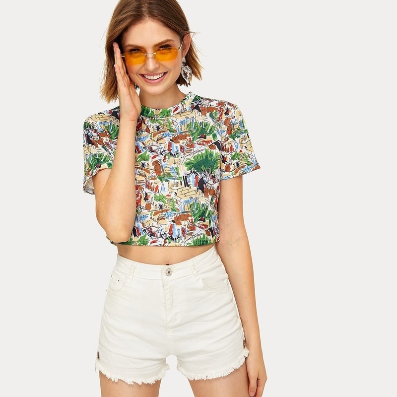 

Graphic Print Crop Tee, Multicolor