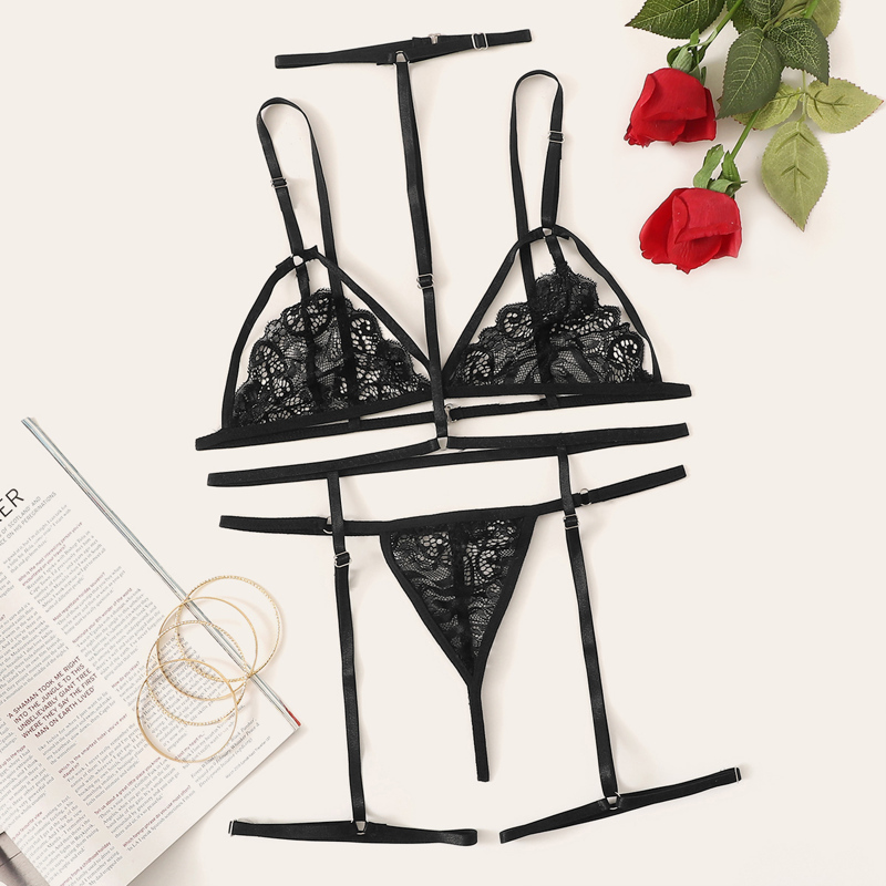 

Floral Lace Harness Garter Lingerie Set, Black