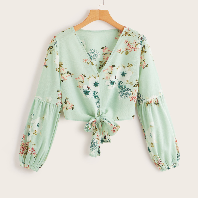 

Floral Print Knot Blouse, Green