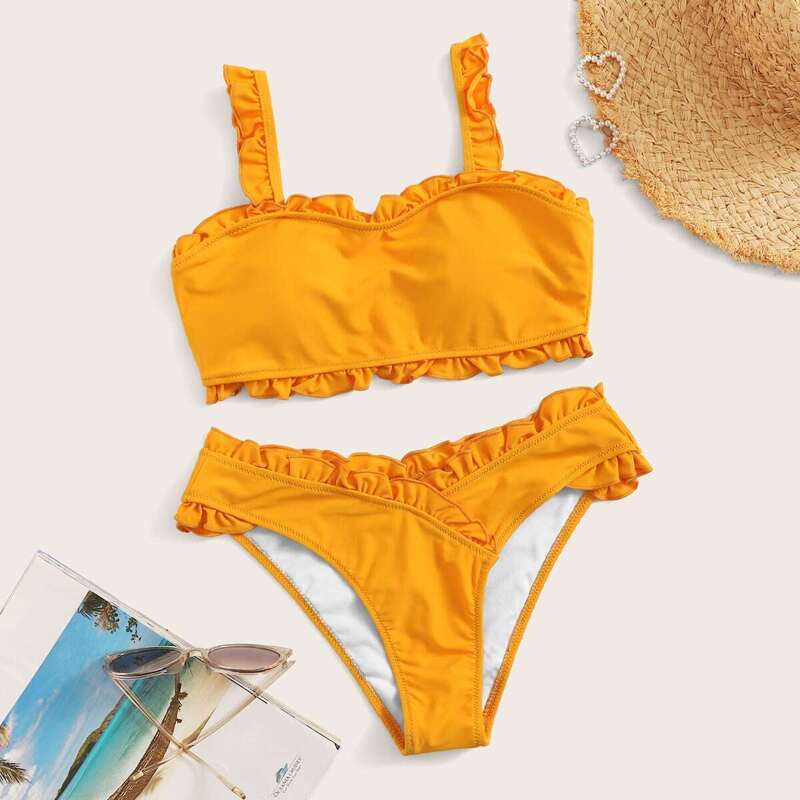 Frill Trim Top With Wrap Bikini Set, Yellow