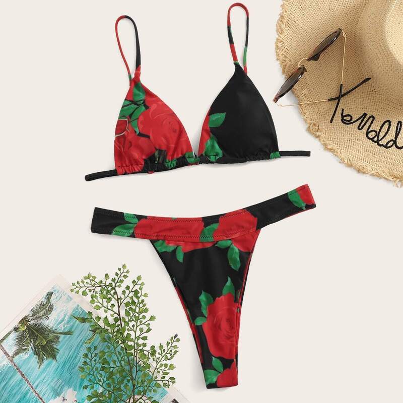 

Random Floral Triangle Top With Thong Bikini Set, Multicolor