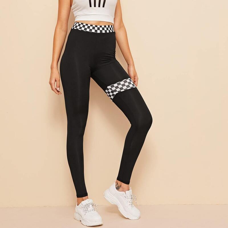 

Wide Waistband Plaid Print Leggings, Black