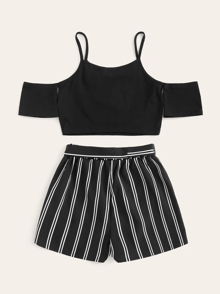 Svart och Vitt Omgiven Randig Boho Flickors Tvådelade Outfits Svart och Vitt Omgiven Randig Boho Flickors Tvådelade Outfits
