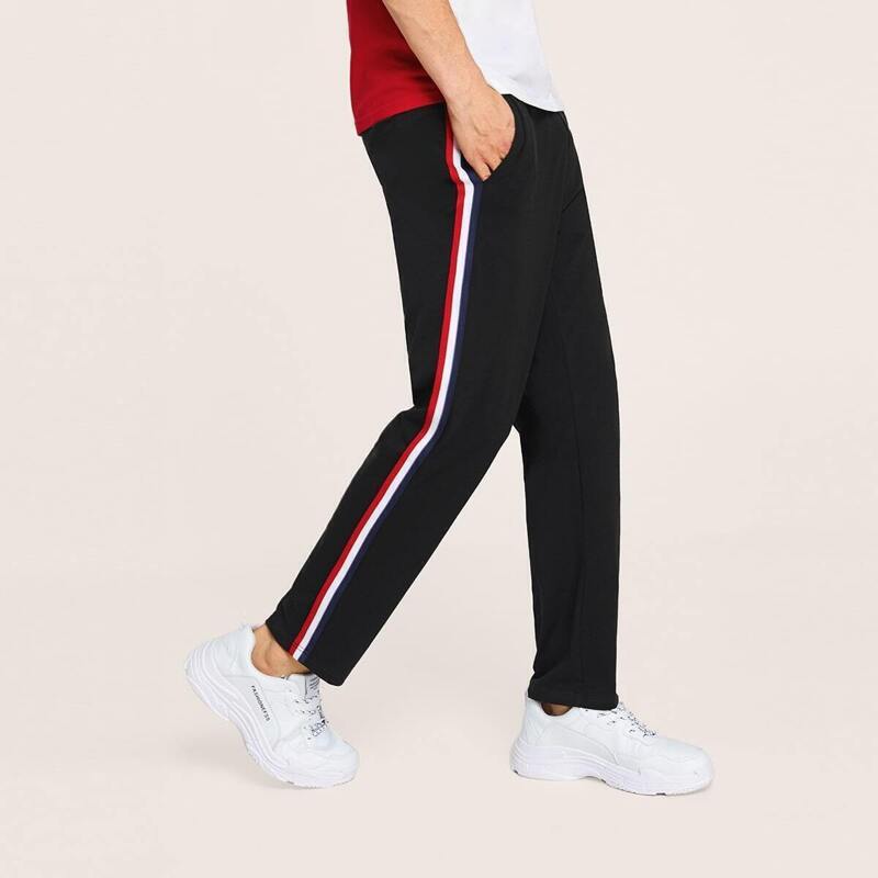 

Guys Drawstring Waist Contrast Striped Tape Side Sweatpants, Black