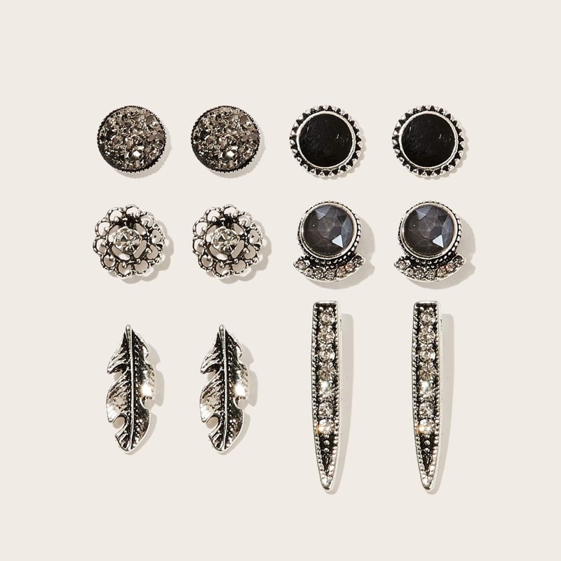 

Feather & Flower Rhinestone Stud Earrings 6pairs, Silver