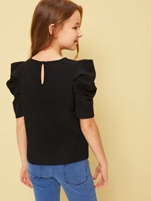 SHEIN Top sólido para niña preadolescente con mangas abullonadas y plisadas. - Negro - Ver 2
