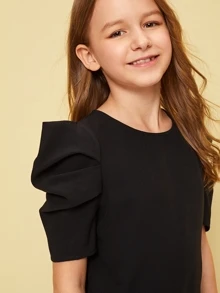 SHEIN Top sólido para niña preadolescente con mangas abullonadas y plisadas. - Negro - Ver 3