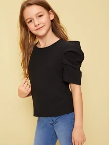 SHEIN Top sólido para niña preadolescente con mangas abullonadas y plisadas. - Negro - Ver 4