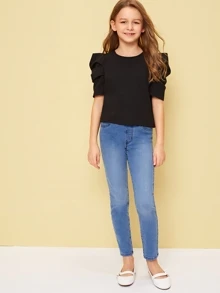 SHEIN Top sólido para niña preadolescente con mangas abullonadas y plisadas. - Negro - Ver 5