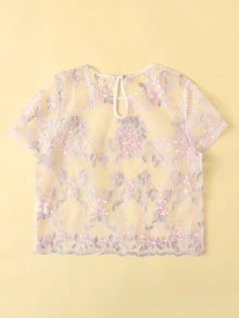 SHEIN Top corto con malla con bordado floral - Rosa Pálido - Ver 2
