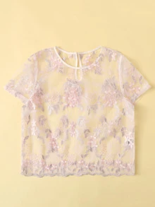 SHEIN Top corto con malla con bordado floral - Rosa Pálido - Ver 3