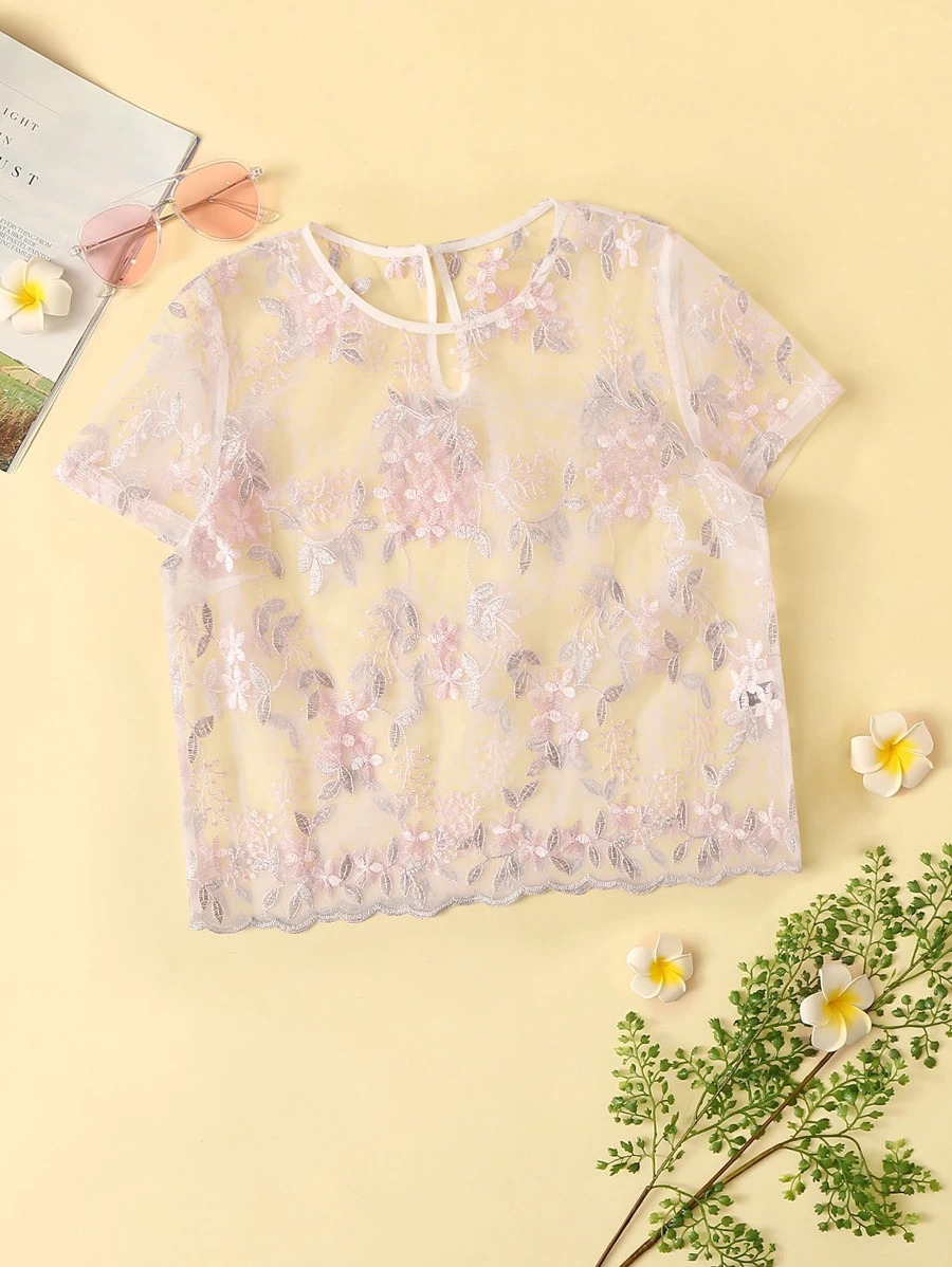 SHEIN Top corto con malla con bordado floral - Rosa Pálido - Ver 1