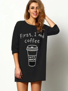 Coffee Print Long T-Shirt - Black - View 1