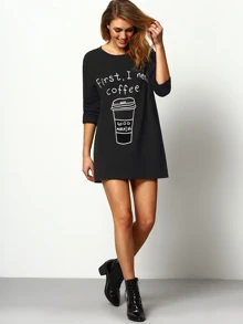 Coffee Print Long T-Shirt - Black - View 5