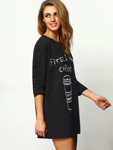 Coffee Print Long T-Shirt - Black - View 4
