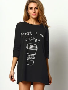 Coffee Print Long T-Shirt - Black - View 3