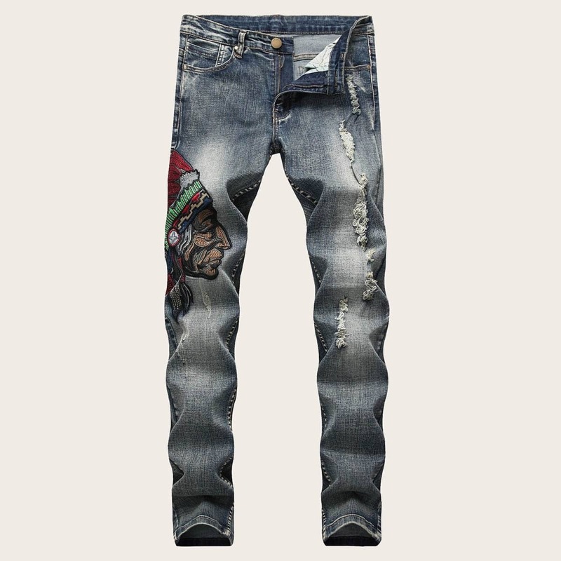 

Guys Figure Embroidery Ripped Wash Jeans, Blue
