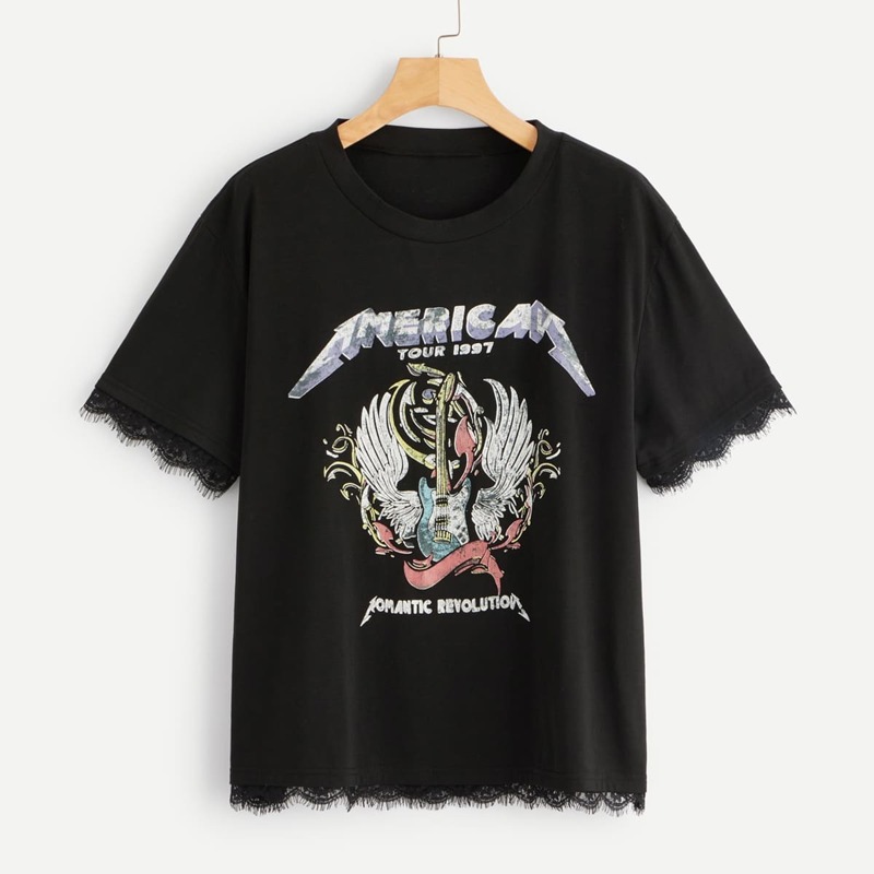 

Plus Contrast Lace Letter And Cartoon Print Tee, Black