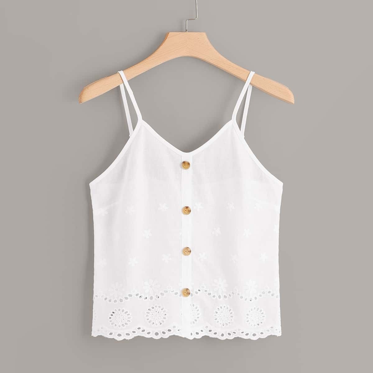 

Plus Eyelet Embroidery Button Front Cami Top, White