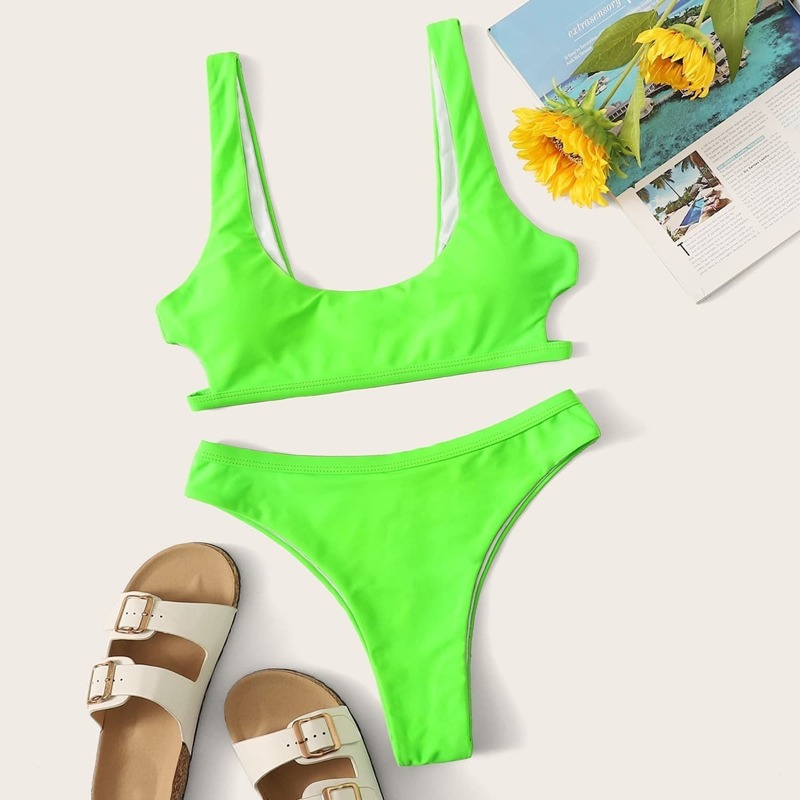 

Neon Lime Cut-out Top With Cheeky Bikini Set, Green bright