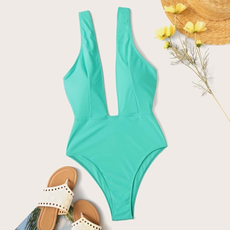 

Plunge Neck One Piece Swimsuit, Green bright