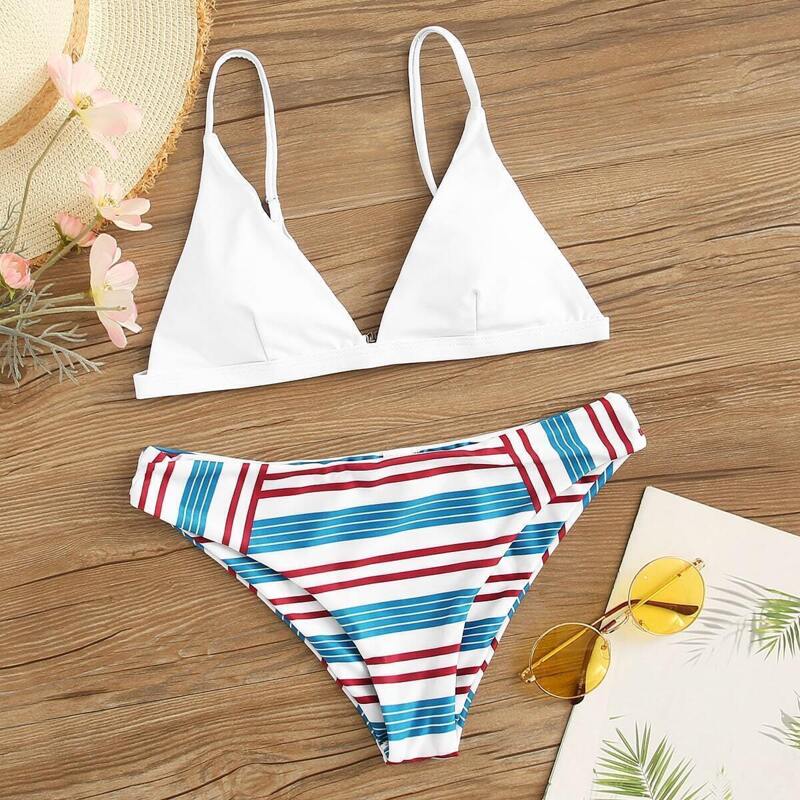 

Triangle Top With Striped Low Rise Bikini Set, Multicolor