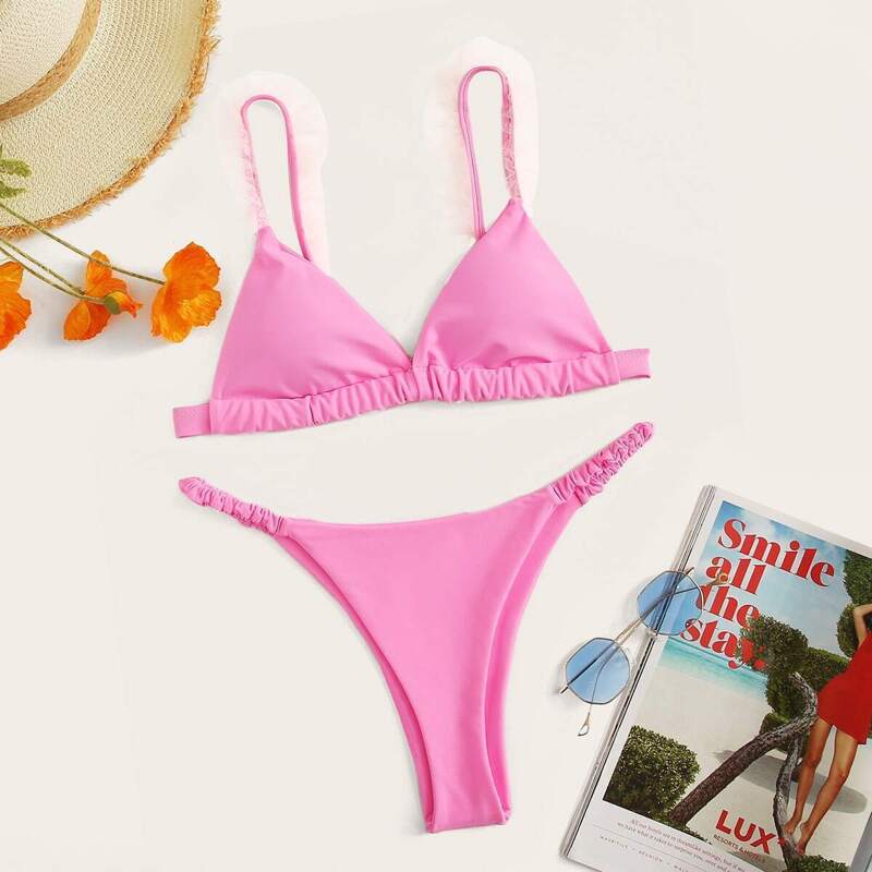 

Triangle Top With Elastic Tanga Bikini Set, Pink